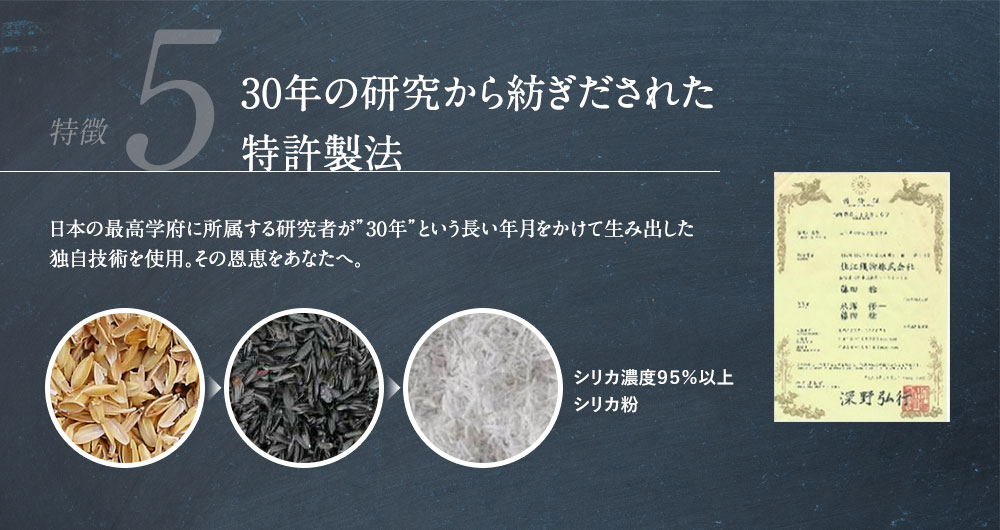 特徴5 - 30年の研究から紡ぎだされた特許製法