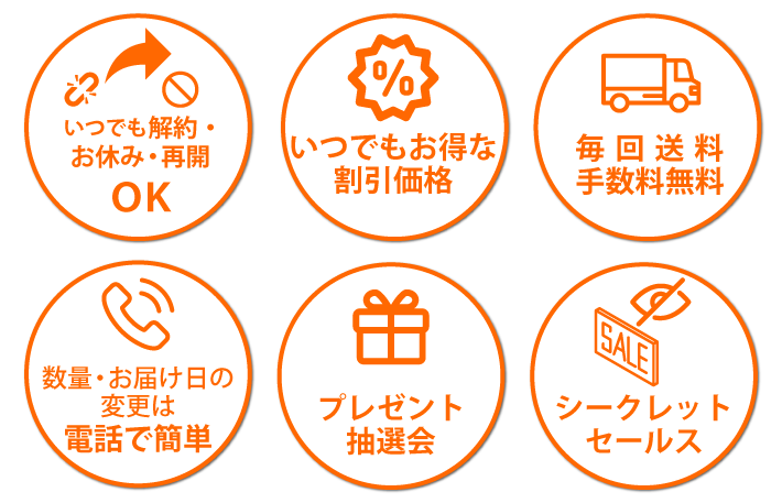 いつでもお得な割引価格、毎回送料手数料無料、数量・お届け日の変更は電話で簡単、ご都合に合わせてお休み・再開・解約OK、プレゼント抽選会、シークレットセールス いつでもお得な割引価格、毎回送料手数料無料、数量・お届け日の変更は電話で簡単、ご都合に合わせてお休み・再開・解約OK、プレゼント抽選会、シークレットセールス